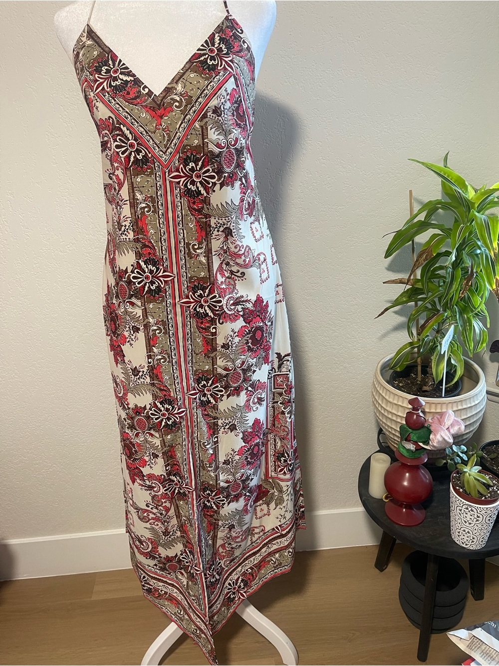 Express Floral Paisley V-Neck Maxi Dress in Red, Tan, Cream